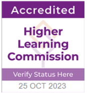 Higher Learning Commission Accredited status logo with status date.
