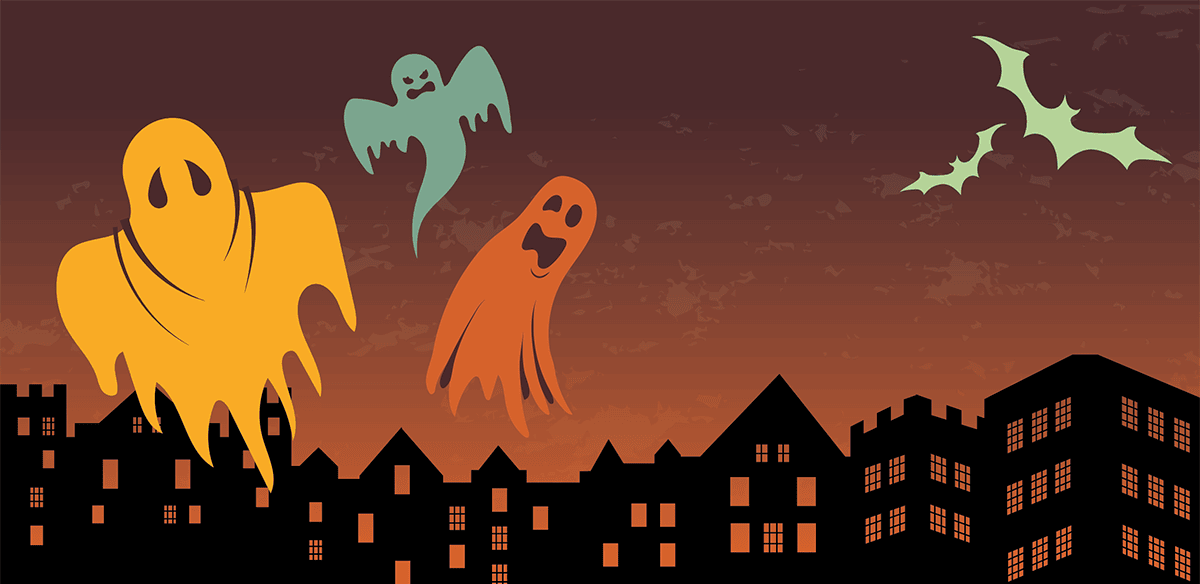 Drawing of colorful ghosts, bats and pumpkins floating in front of a darkened backdrop of Columbia College buildings.