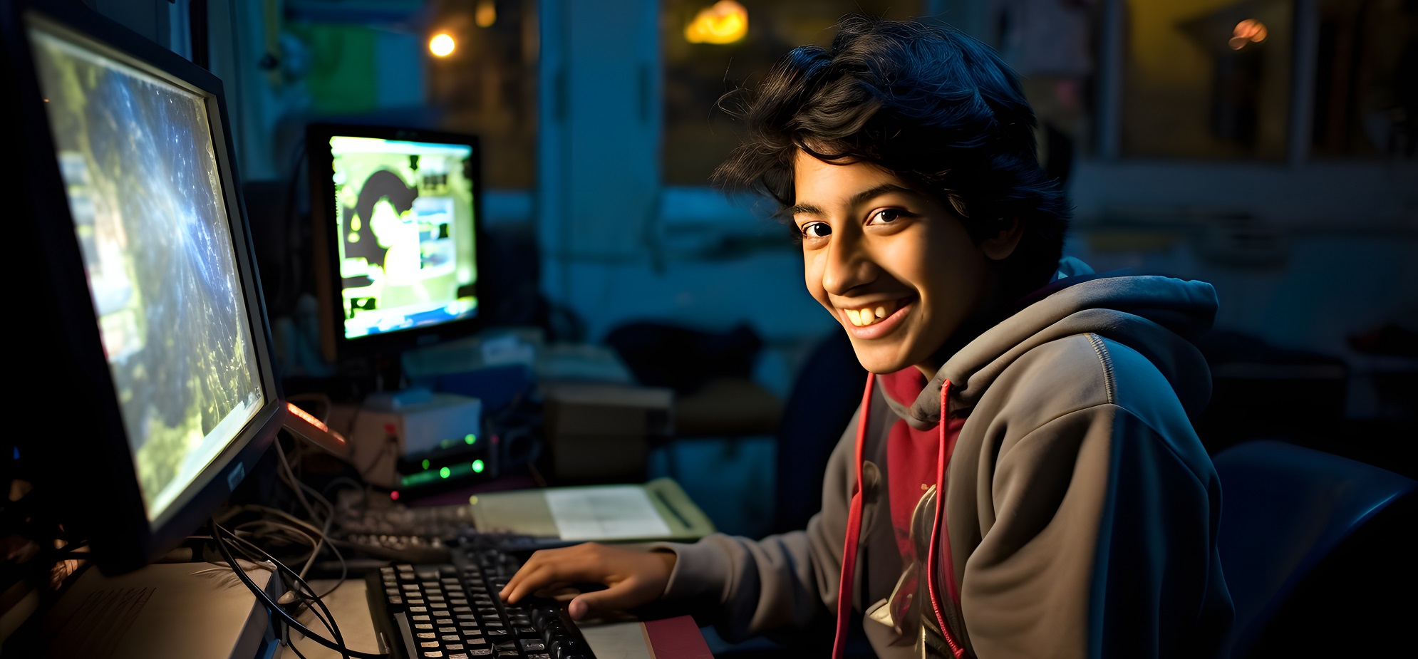 Student smiling at the camera while sitting in front of multiple computer monitors.