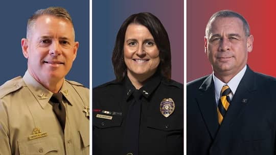 L-R, three alumni of the Columbia College Criminal Justice Program are leading law enforcement agencies in Columbia: Boone County (Mo.) Sheriff Dwayne Carey ’89 ’15, City of Columbia Police Chief Jill Schlude ’07 and University of Missouri Police Chief Brian Weimer ’02.