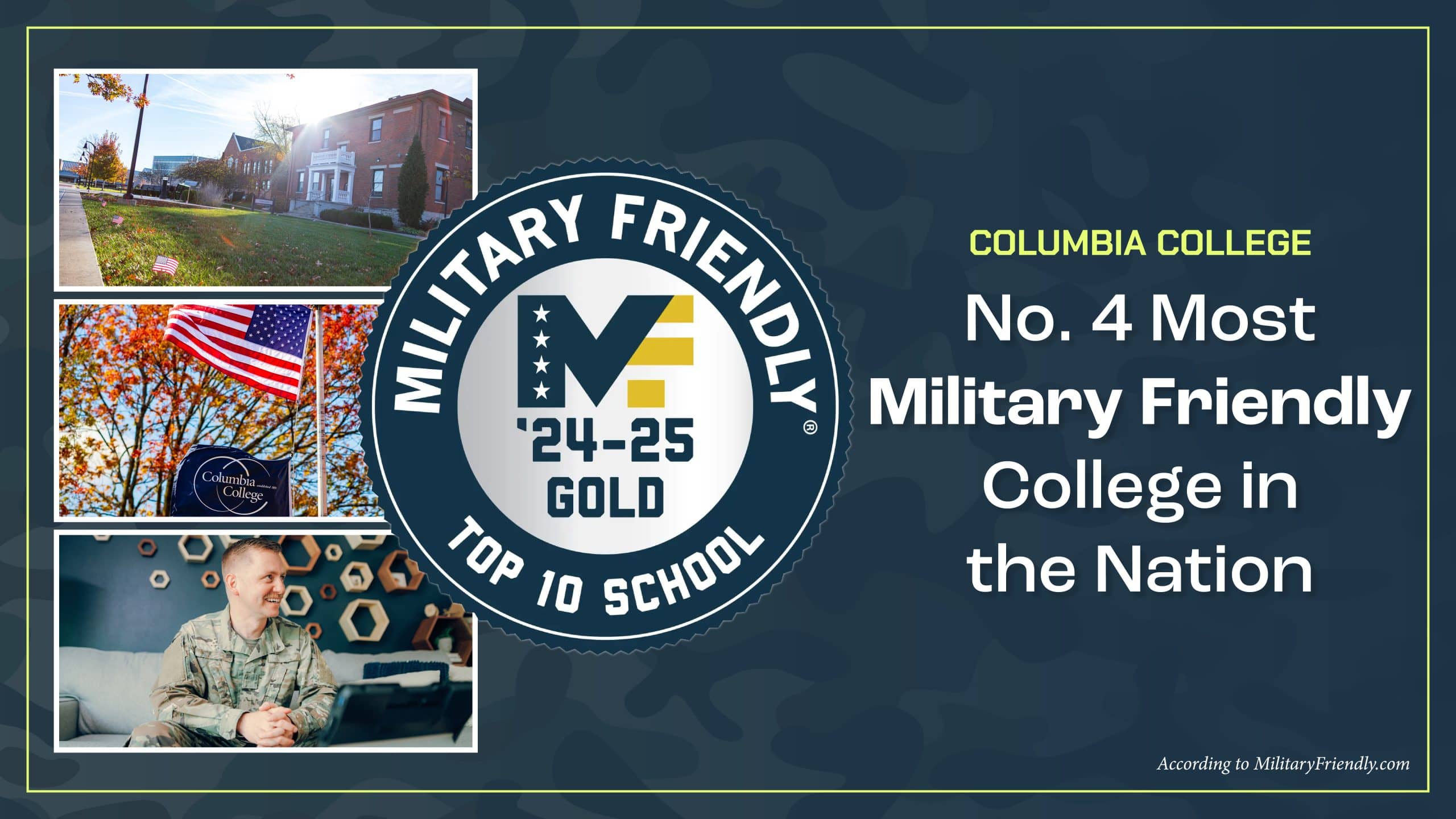 Collage image of several spots on campus, a vet sitting on a couch, and the Military Friendly '24-25 gold top 10 school badge.