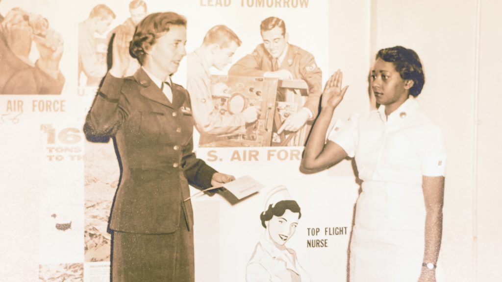 Cleo DeGraffenreid ’76 poses for a photo while working as a nurse in the 1950s at St. Mary’s Hospital in Kansas City.
