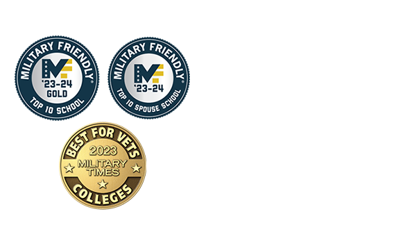 Image shows three separate badges, two for the Military Friendly awards on top, and one gold badge for Best for Vets at the bottom.